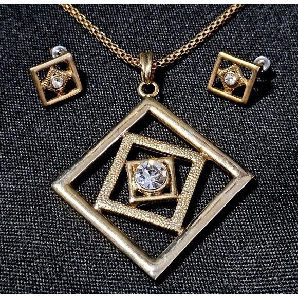 Vintage Necklace Earrings Set Geometric \ Gold Tone w Crystal Pierced Posts EUC! - Picture 1 of 8